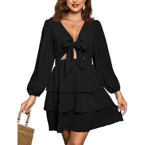 Women's Puff Sleeves Floral Short Dress Tie Front V Neck Short Sleeve Tiered Ruffle Boho Mini Dresses