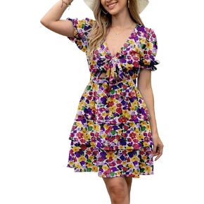 فستان نسائي قصير مزين بالورود وأكمام منتفخة وربطة أمامية وياقة على شكل V وأكمام قصيرة وكشكشة متدرجة فساتين بوهو قصيرة in Kuwait