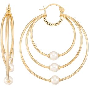 Simone I. Smith - Lady of Serenity Hoop Earrings 18K Yellow Gold over Sterling Silver Cascading Triple Hoop Earrings with Perfectly Simulated Round Pearls Size: Large, 60mm