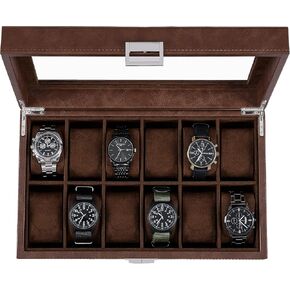 BEWISHOME Watch Box Organizer, 12 Watch Case for Men Luxury Watch Display Case with Large Glass Window, Faux Leather, Black SSH08L