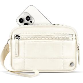 Wristlet Wallet for Women Small Nylon Quilted Wallet Portable Mini Zipper Beige Wrist Strap Pouch with 3 Zipper Purse for Travel Phone Holder Credit Card Case Organizer with Clear ID Window
