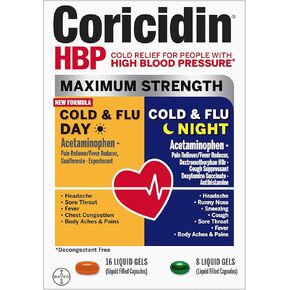 Coricidin HBP, Decongestant-Free Cold Symptom Relief for People with High Blood Pressure, Maximum Strength Cold & Flu Day + Night Liquid Gels, 24 Count