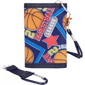 Trifold Kids Wallet for Boys Girls Ages 5-12, Kids Velcro Wallet with Lanyard & Clip, Novelty Wallet for Kids Boys Wallet Toddler Wallet with Zipper (Basketball)