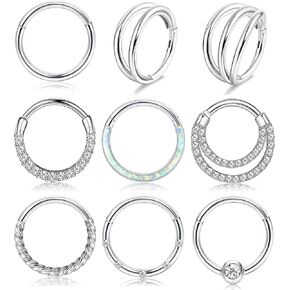 Besteel 9 Pcs Hypoallergenic Septum Rings 16G Surgical Steel CZ Opal Clicker Hinged Nose Rings Hoop for Women Men Lip Conch Tragus Helix Daith Cartilage Earrings 8mm 10mm