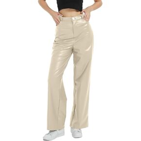 Women's Black Leather Pants, High Waist Faux Leather Straight Pants, Wide Leg Leather Leggings Bell Bottom Flare Pants