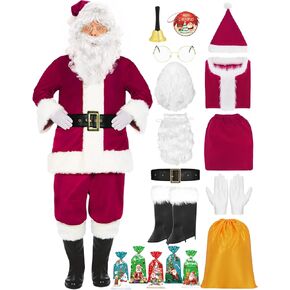 13 قطعة زي سانتا كلوز للرجال بدلة سانتا التنكري للبالغين زي عيد الميلاد الفاخر عيد الميلاد المخملي باللون الأحمر الخمري in Kuwait
