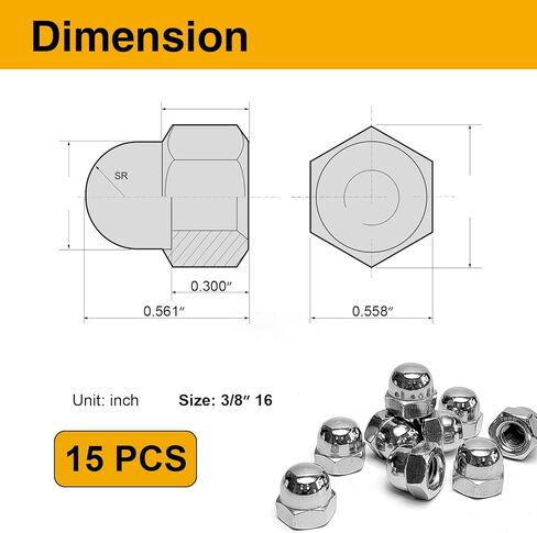 طقم صواميل البلوط 1/4-20 - 38 قطعة، 304 من الفولاذ المقاوم للصدأ، تشكيلة صواميل ذات غطاء سداسي متري، رأس مقبب للاستخدام الداخلي والخارجي in Kuwait