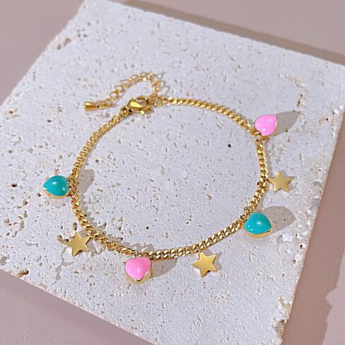 Fashion 18K Gold Plated Star Bracelet Stainless Steel Enamel Heart Charm Link Chain Bracelet in Saudi Arabia