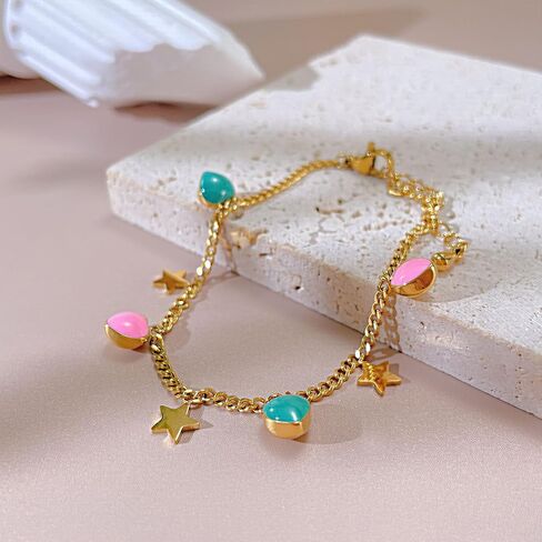 Fashion 18K Gold Plated Star Bracelet Stainless Steel Enamel Heart Charm Link Chain Bracelet in Saudi Arabia