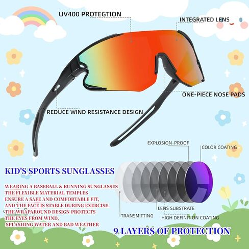 2 حزمة من نظارات البيسبول الشبابية للأولاد والبنات والأطفال نظارات شمسية رياضية للأعمار من 6 إلى 12 عامًا، ظلال البيسبول لركوب الدراجات in Kuwait