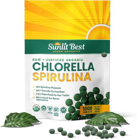 Sunlit Best Organic Burst Chlorella Spirulina Tablets - Pure Superfood Supplement with Blue Green Algae, Chlorophyll & Vegan Protein, Spirulina Chlorella Pills 1000 Tabs in Kuwait