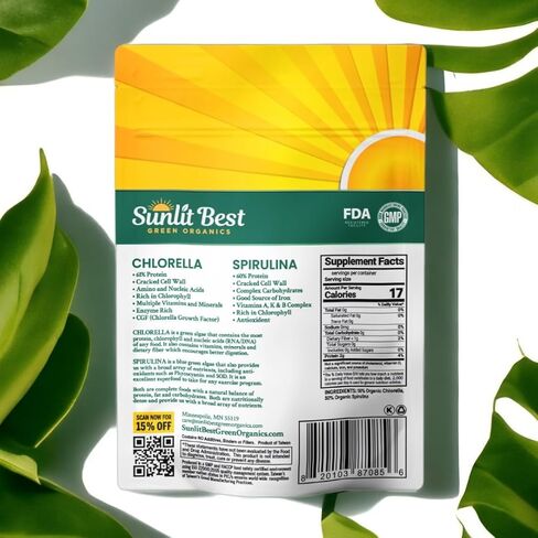 Sunlit Best Organic Burst Chlorella Spirulina Tablets - Pure Superfood Supplement with Blue Green Algae, Chlorophyll & Vegan Protein, Spirulina Chlorella Pills 1000 Tabs in Kuwait