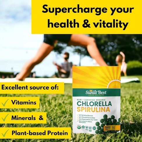 Sunlit Best Organic Burst Chlorella Spirulina Tablets - Pure Superfood Supplement with Blue Green Algae, Chlorophyll & Vegan Protein, Spirulina Chlorella Pills 1000 Tabs in Kuwait