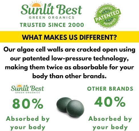 Sunlit Best Organic Burst Chlorella Spirulina Tablets - Pure Superfood Supplement with Blue Green Algae, Chlorophyll & Vegan Protein, Spirulina Chlorella Pills 1000 Tabs in Kuwait
