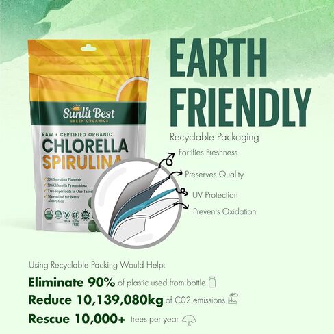 Sunlit Best Organic Burst Chlorella Spirulina Tablets - Pure Superfood Supplement with Blue Green Algae, Chlorophyll & Vegan Protein, Spirulina Chlorella Pills 1000 Tabs in Kuwait