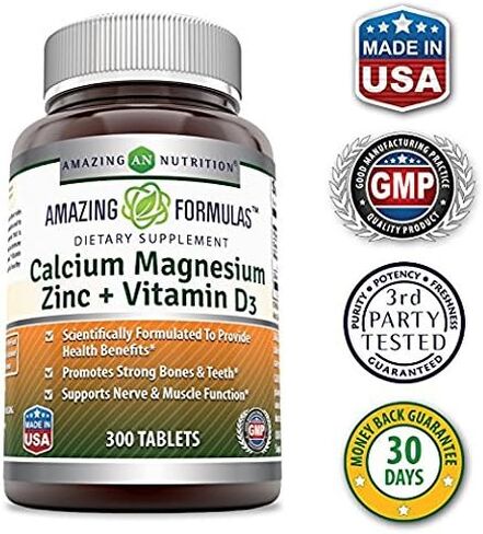 Amazing Formulas Calcium Magnesium Zinc D3 - 300 Tablets Per Bottle Supplement (Calcium 1000mg - Magnesium 400mg - Zinc 25mg Plus Vitamin D3 600 IU - Per Serving of 3 Tablets) in Saudi Arabia