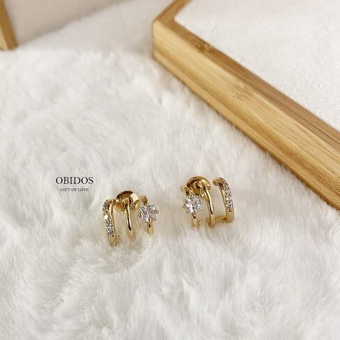 Obidos 14K Gold Plated Triple Huggie Illusion Stud Earrings | Double Huggie Hoop Earrings for One Hole | Gold Hoop Earrings for Women | Drop earrings in Kuwait
