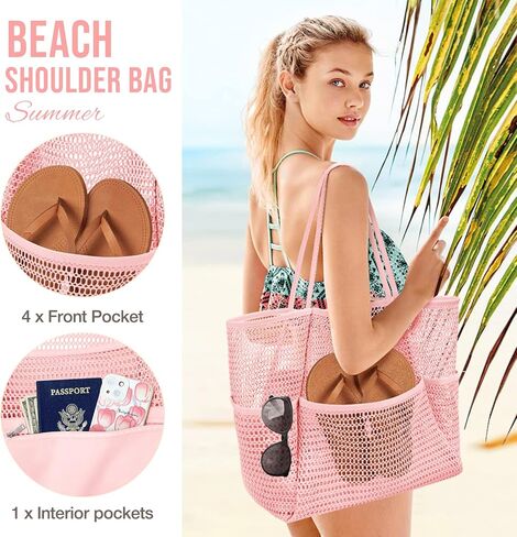 KPX Beach Bag with Mini Pocket, Beach Tote Bags for Women Large Foldable Mesh Swimming Pool Travel Bags - Sandproof in Kuwait