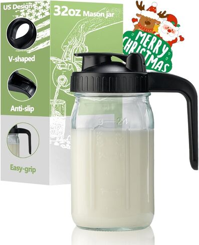 إبريق زجاجي سعة 32 أونصة مع غطاء وفوهة صب على شكل حرف V - إبريق حليب الثدي سعة 1 لتر مقاوم للتسرب مزدوج، حاوية كريمة لشاي الشمس والعصير والقهوة الباردة وحاوية تخزين حليب الثدي in Kuwait