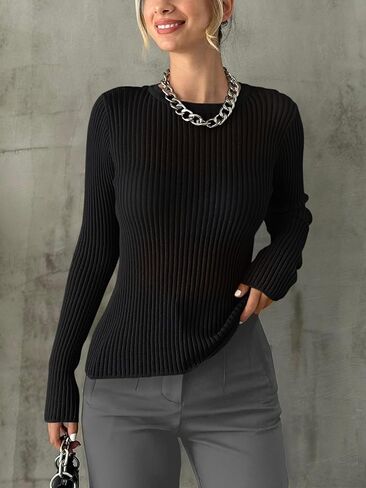 Trendy Queen Going Out Tops for Women Sheer Long Sleeve Tops 2024 Fall Crewneck Mesh See Through Sweaters Y2k Outfits in Saudi Arabia