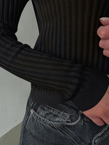 Trendy Queen Going Out Tops for Women Sheer Long Sleeve Tops 2024 Fall Crewneck Mesh See Through Sweaters Y2k Outfits in Saudi Arabia