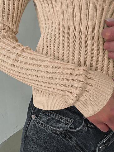 Trendy Queen Going Out Tops for Women Sheer Long Sleeve Tops 2024 Fall Crewneck Mesh See Through Sweaters Y2k Outfits in Saudi Arabia