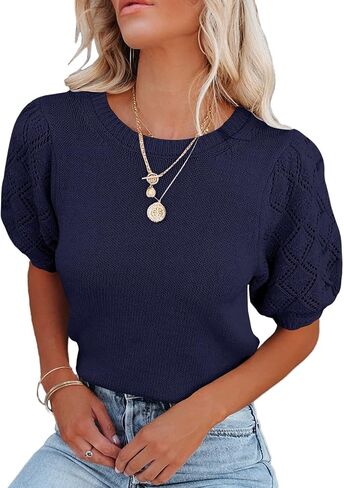 كنزة نسائية بأكمام قصيرة وياقة دائرية بلوفر منسوج 2024 بلوزة صيفية غير رسمية خفيفة الوزن من الكروشيه قميص in Kuwait