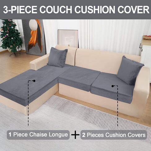 Sectional Couch Covers for 3-Piece Seat Cushion Velvet Separate L Shape Couch Cover Stretch Sofa Slipcover with 2 Pieces Pillowcases Furniture Protector (Sofa 2 Seater + 1 Chaise, Dark Grey) in Kuwait