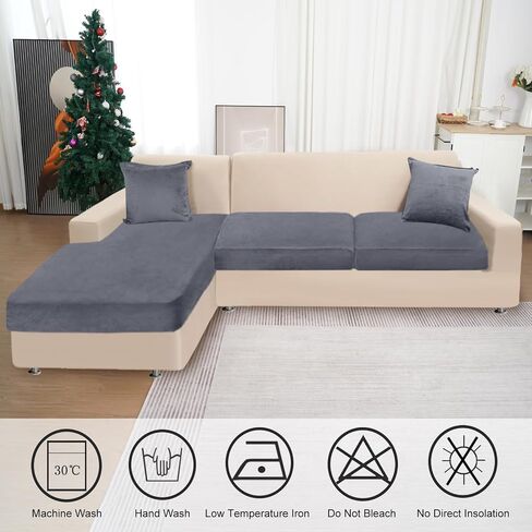 Sectional Couch Covers for 3-Piece Seat Cushion Velvet Separate L Shape Couch Cover Stretch Sofa Slipcover with 2 Pieces Pillowcases Furniture Protector (Sofa 2 Seater + 1 Chaise, Dark Grey) in Kuwait