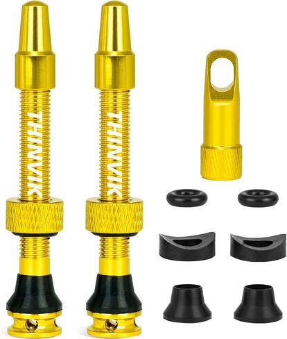 Thinvik Presta Tubeless Valve Stem 48mm، طقم جذع صمام بدون أنبوبي من سبيكة خفيفة للغاية من سبيكة Presta للإطارات بدون أنبوب - 2 جذع صمام بدون أنبوب (مع غطاء صمام من سبائك الألومنيوم) + أداة إزالة الصمام الأساسية (ذهبي) in Kuwait