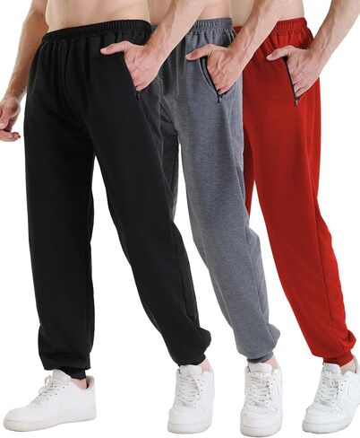3 Pack Sweatpants for Men Athletic Gym Workout Mens Joggers with Zipper Pockets Active Running Pants in Saudi Arabia