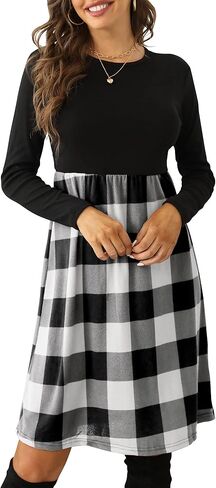 PRIMODA Women's Long Sleeve Empire Waist Buffalo Plaid Midi Swing Dress with Belt in Kuwait