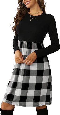 PRIMODA Women's Long Sleeve Empire Waist Buffalo Plaid Midi Swing Dress with Belt in Kuwait
