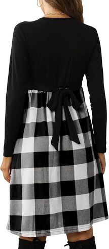 PRIMODA Women's Long Sleeve Empire Waist Buffalo Plaid Midi Swing Dress with Belt in Kuwait