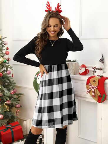 PRIMODA Women's Long Sleeve Empire Waist Buffalo Plaid Midi Swing Dress with Belt in Kuwait
