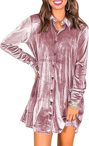 Ivay Women's Spring Button Down Tshirt Dresses Velvet Tunic Dress with Pockets in Kuwait