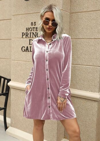 Ivay Women's Spring Button Down Tshirt Dresses Velvet Tunic Dress with Pockets in Kuwait