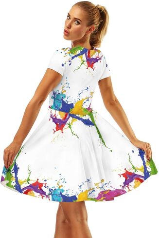Women's 3D Print Short Sleeve Casual Flared Swing Midi Dress in Saudi Arabia