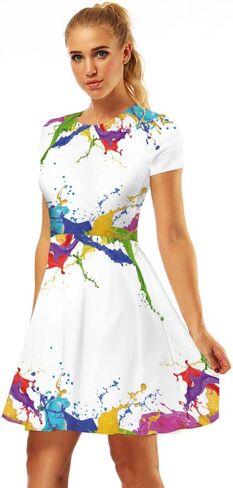 Women's 3D Print Short Sleeve Casual Flared Swing Midi Dress in Saudi Arabia