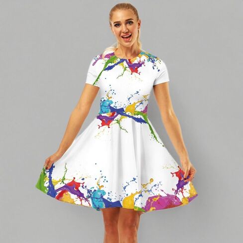 Women's 3D Print Short Sleeve Casual Flared Swing Midi Dress in Saudi Arabia
