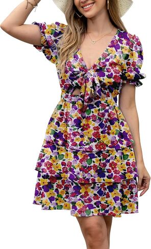 فستان نسائي قصير مزين بالورود وأكمام منتفخة وربطة أمامية وياقة على شكل V وأكمام قصيرة وكشكشة متدرجة فساتين بوهو قصيرة in Kuwait