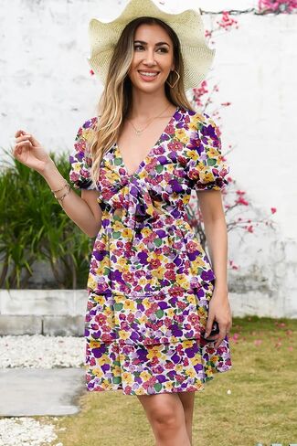 فستان نسائي قصير مزين بالورود وأكمام منتفخة وربطة أمامية وياقة على شكل V وأكمام قصيرة وكشكشة متدرجة فساتين بوهو قصيرة in Kuwait