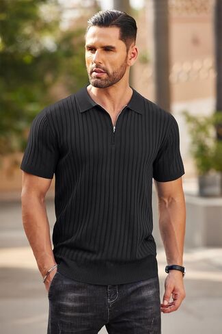 COOFANDY Men's Zipper Polo Shirts Short Sleeve Ribbed Knit Polo T Shirts Fashion Casual Golf Shirts in Saudi Arabia