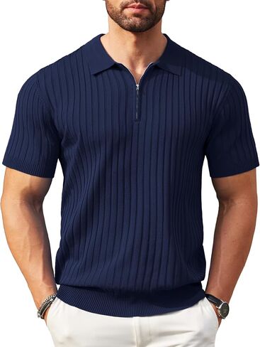 COOFANDY Men's Zipper Polo Shirts Short Sleeve Ribbed Knit Polo T Shirts Fashion Casual Golf Shirts in Saudi Arabia