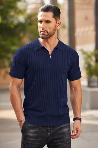 COOFANDY Men's Zipper Polo Shirts Short Sleeve Ribbed Knit Polo T Shirts Fashion Casual Golf Shirts in Saudi Arabia