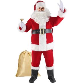 Christmas Santa Claus Costume for Men Adult 11 Pcs Deluxe Velvet Suit Outfit Xmas Santa Holiday Party Cosplay