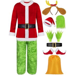 9pcs Deluxe Adult Christmas Costume Mens Green Big Monster Santa Claus Suit Furry Xmas Outfit Halloween with Mask