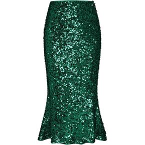 GRACE KARIN Women's Sequin Skirt Elastic High Waist Ruffled Hem Night Out Party Bodycon Midi Skirt