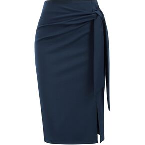 Kate Kasin Women's Skirt Elastic High Waist Bow Tie Knee Length Stretch Bodycon Pencil Skirts with Slit