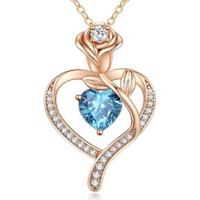 LOUISA SECRET Rose Flower Heart Birthstone Necklaces for Women, 925 Sterling Silver Fine Jewelry, Pendant Heart Necklaces Birthday Anniversary Christmas Gift for Women Wife Mom Girlfriend Lady